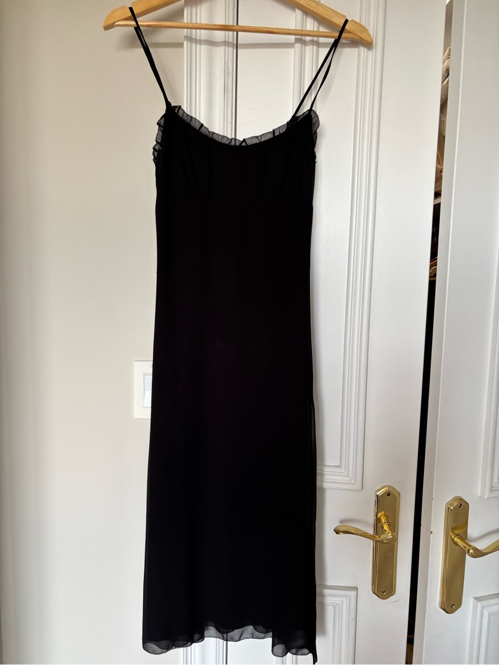 Wilfred Black Midi Dress with Sheer Trim - slit detail